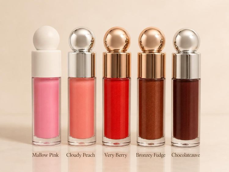 Five BKeut and Co lip gloss shades: Mallow Pink, Cloudy Peach, Very Berry, Bronzey Fudge and Chocolateauve
