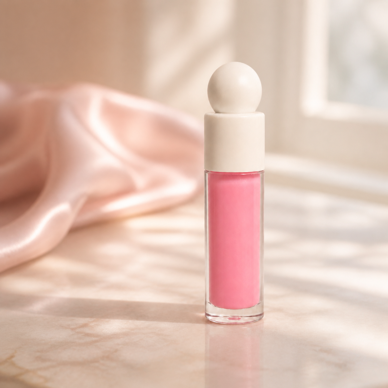 Mallow Pink lip gloss on a warm vanity with blush silk