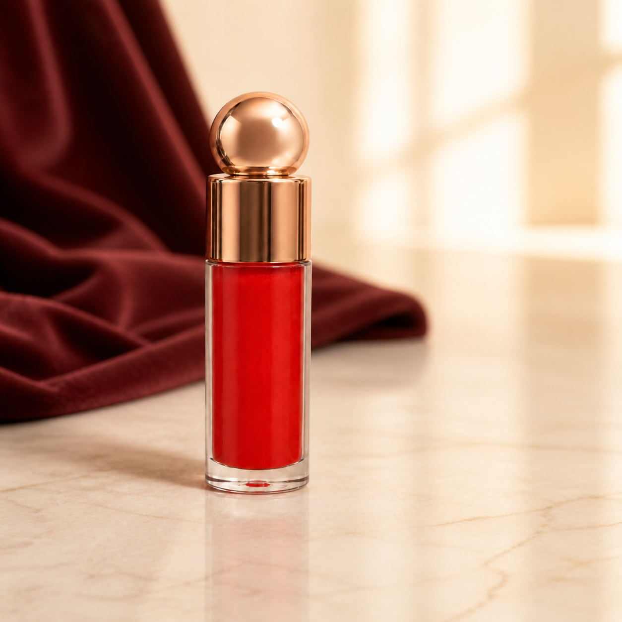 Very Berry lip gloss on a warm vanity with berry velvet